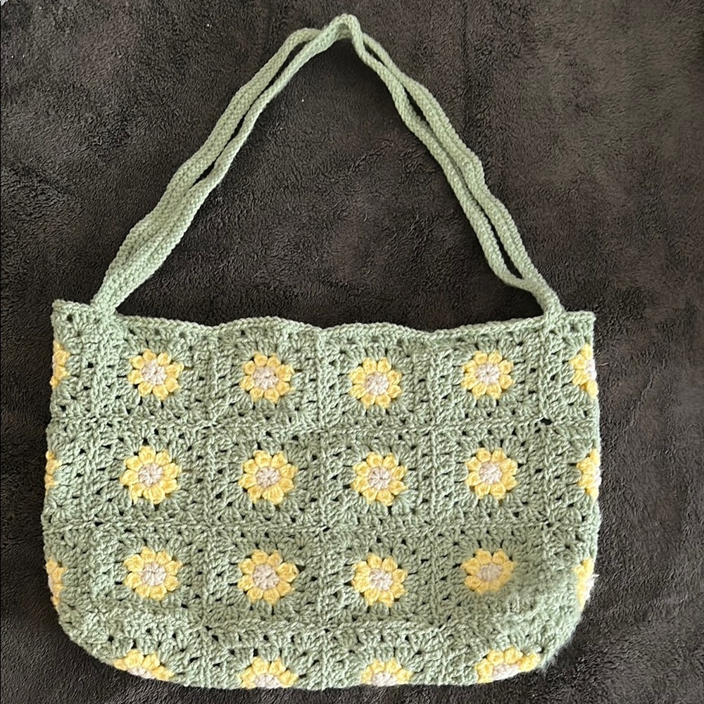 Green and Yellow Crochet Tote Bag